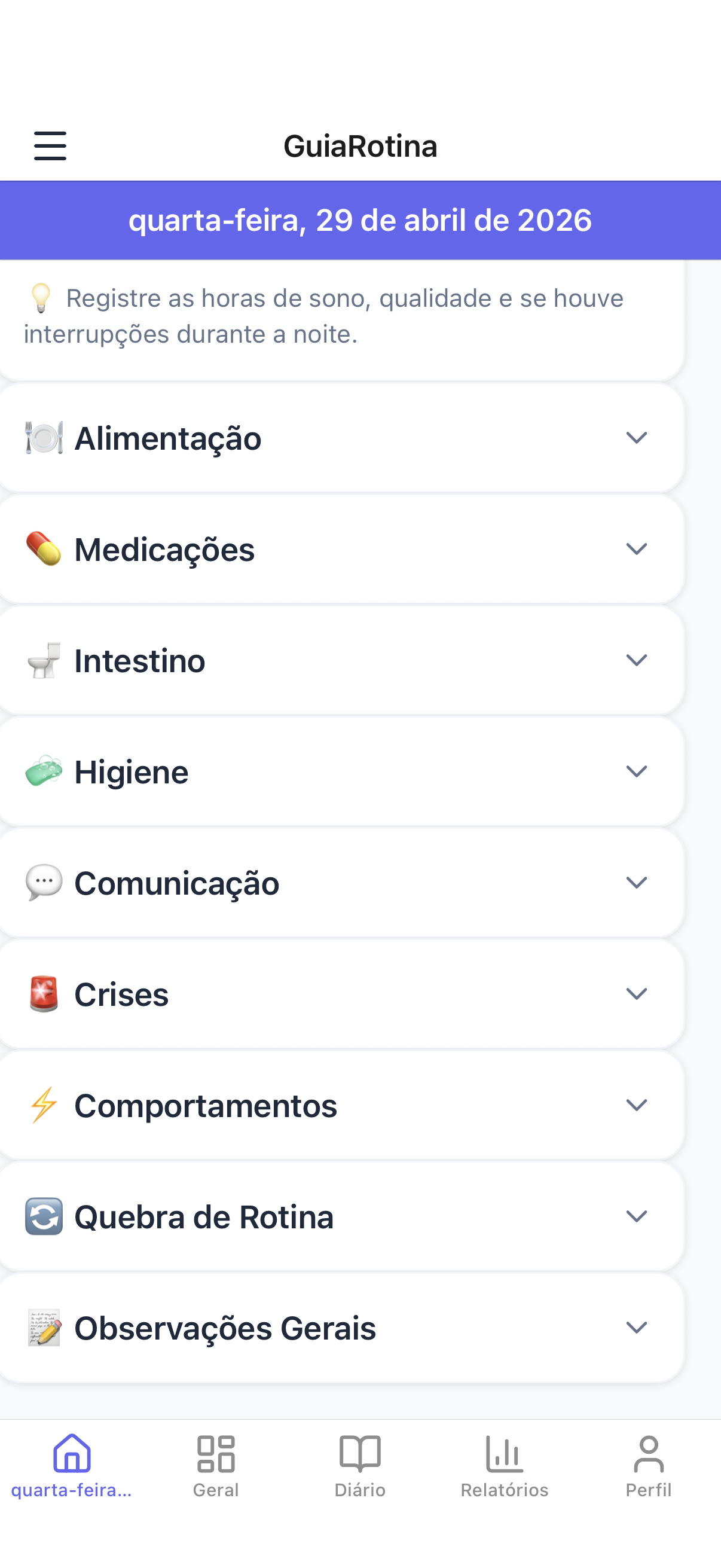 GuiaRotina - Registro diário com categorias de monitoramento