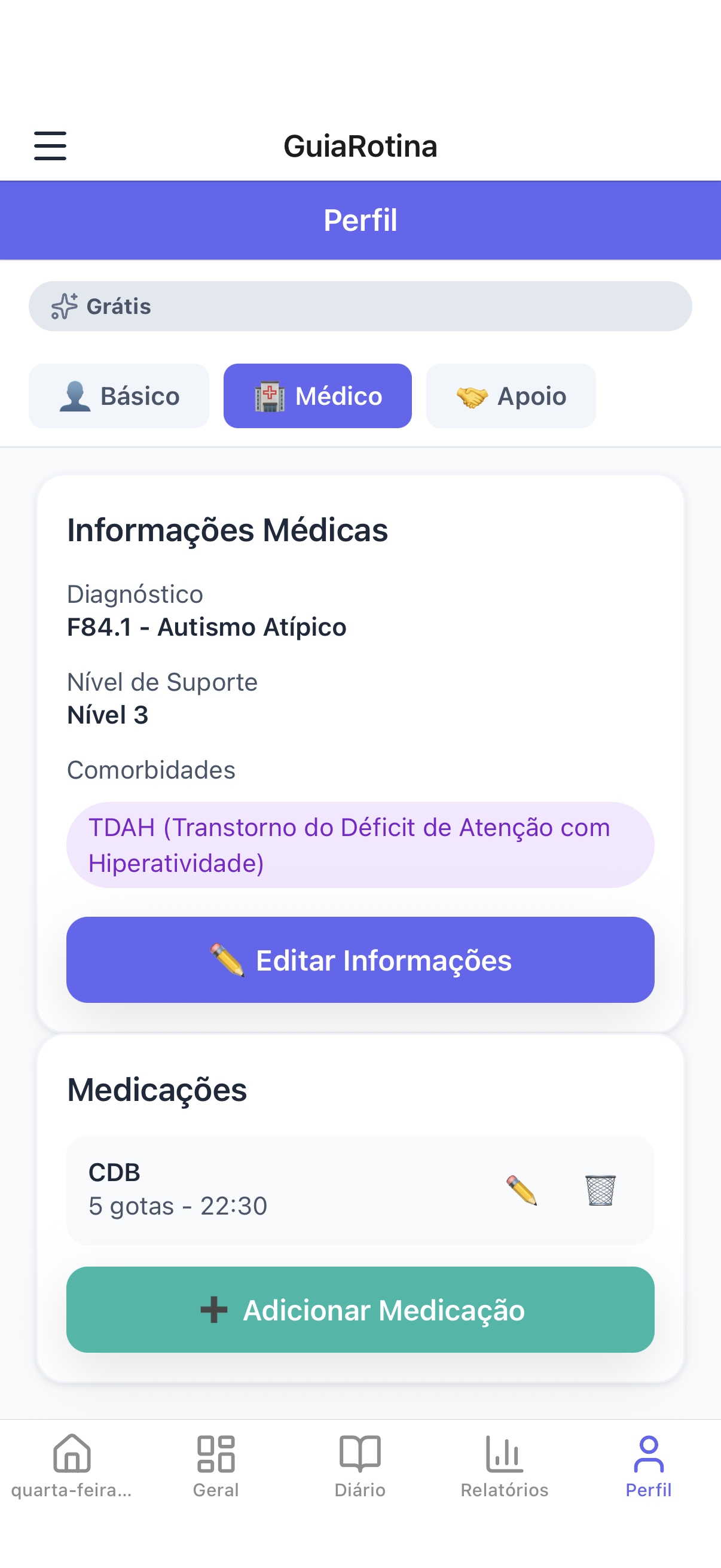 GuiaRotina - Perfil médico com diagnóstico, medicações e comorbidades