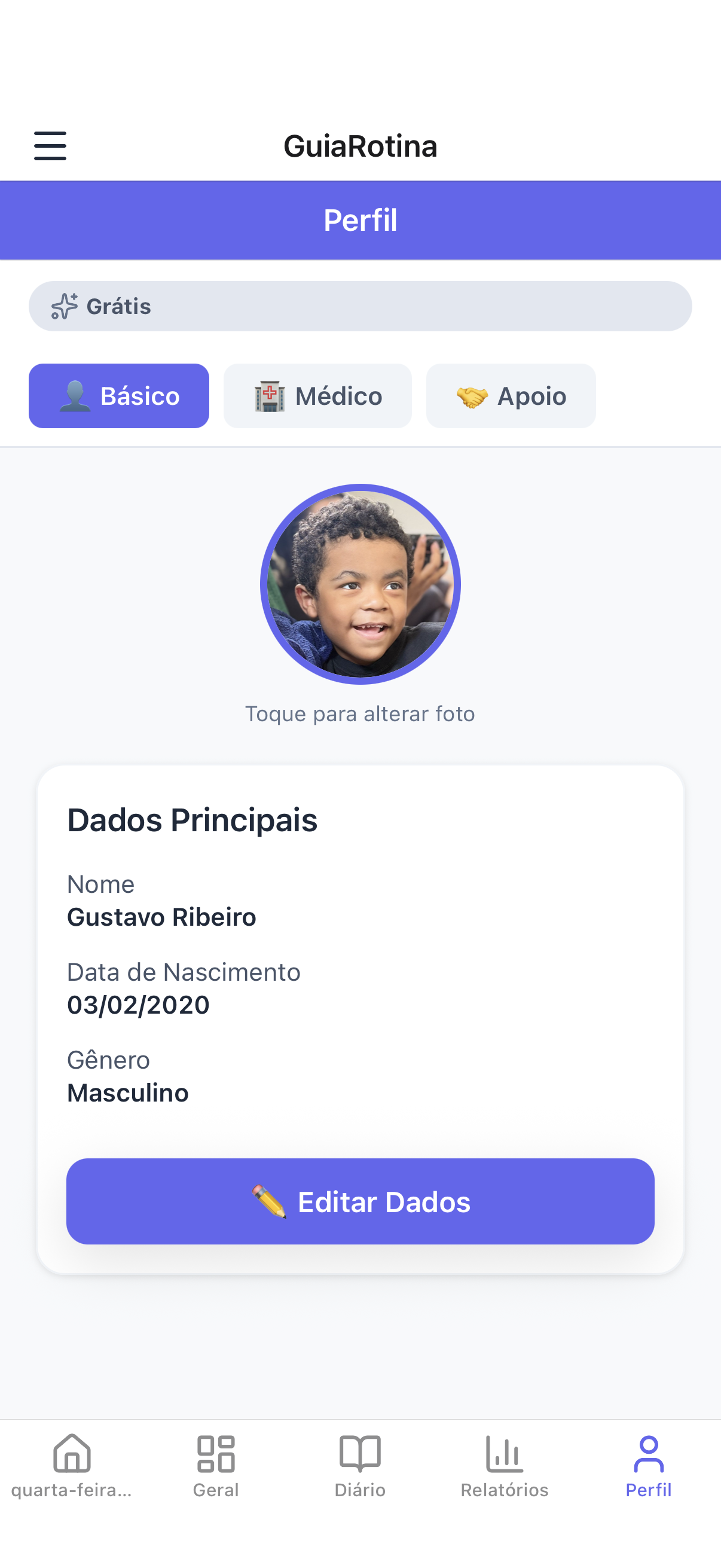 Configuração de perfil no GuiaRotina
