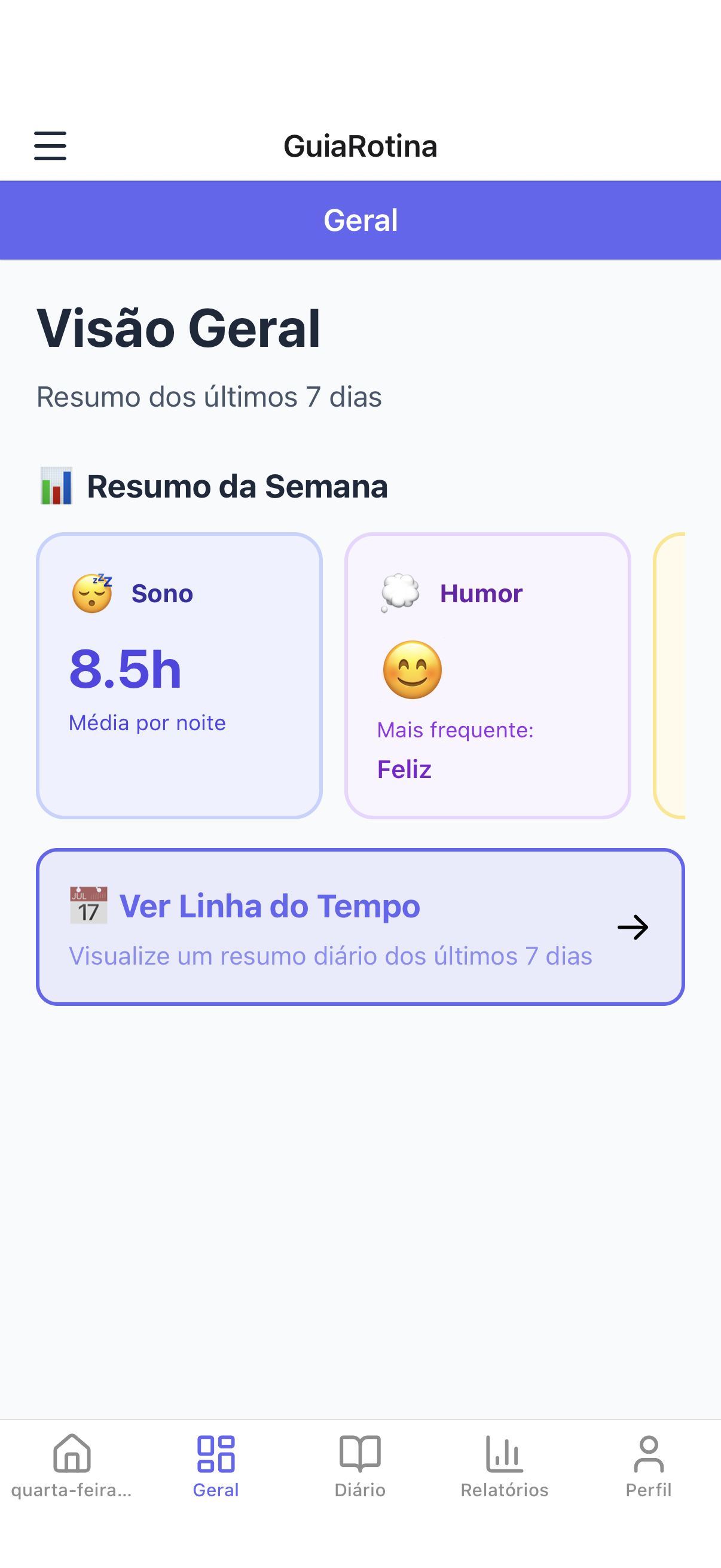 Visão geral semanal no GuiaRotina